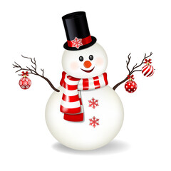 Snowman with top hat and scarf, isolated on white.
