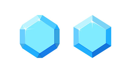 Diamonds with different cutting. Set of blue hexagon diamond crystals with top view. Cartoon vector illustration