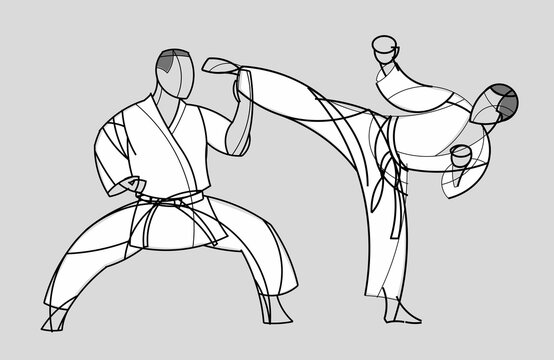 Two karate athletes fighting. Image for karate school. Vector stylish linear illustration