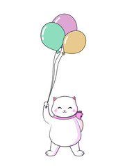 White happy cat with balloons. Vector image in eps format.