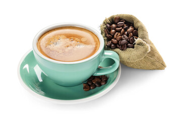 Cup of hot espresso and bag with coffee beans on white background