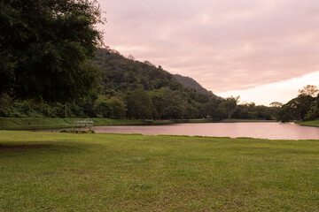 Fototapeta premium Vintage.sunset at Khao Ruak Reservoir at Namtok Samlan National Park in Saraburi Thailand 