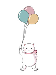 White happy cat with balloons. Illustration in jpeg format.