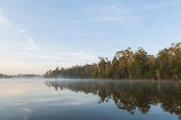 Fototapeta na wymiar Beautiful nature and fog on the reservoir in Khao Yai National Park Thailand.Selective focus