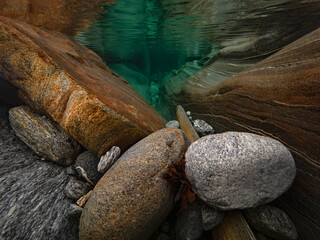 Different rocks and boulder underwater (Verzasca, Switzerland)