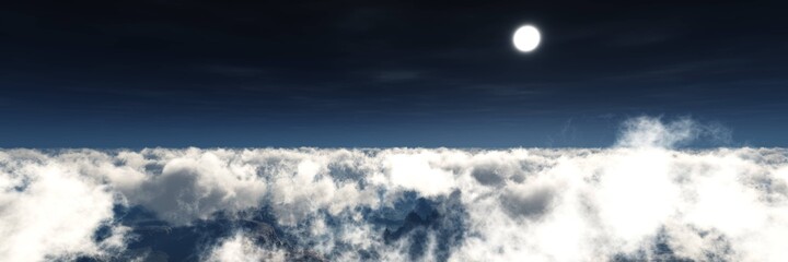 Beautiful panorama of clouds top view, flight over the clouds, the moon in the clouds, 3D rendering