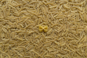 One farfalle with finely chopped noodles scattered on a flat surface