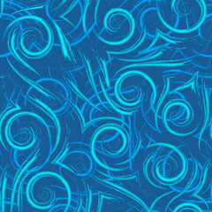 Fototapeta na wymiar Vector seamless pattern of flowing brush strokes or waves in blue and turquoise. Smooth spiral stripes and corners bright texture for decoration of paper fabrics.