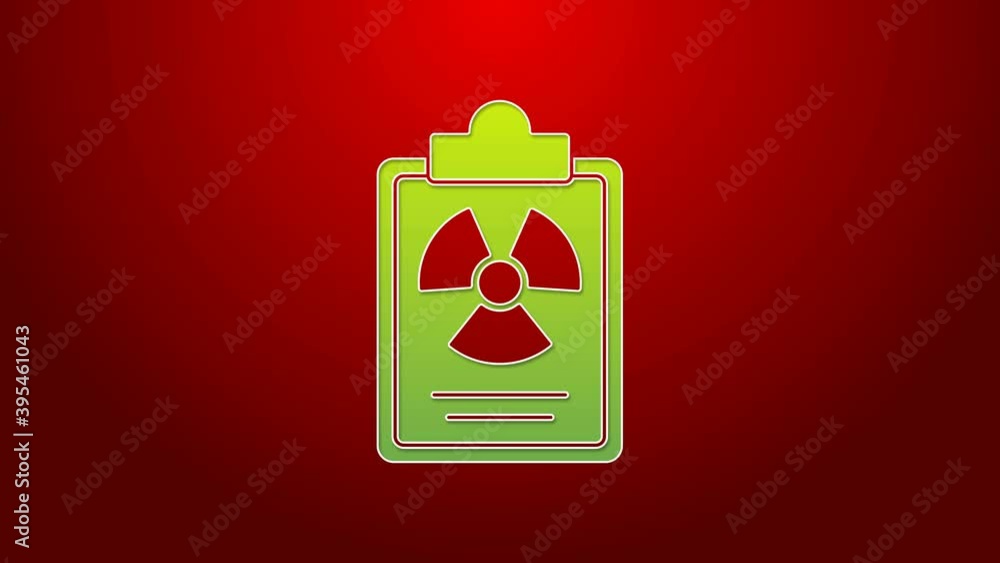 Poster green line radiation warning document icon isolated on red background. text file. 4k video motion gr