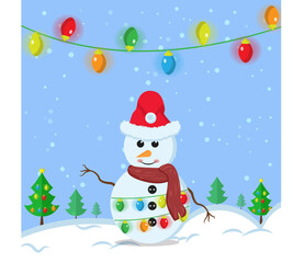 Illustration vector graphic of the cartoon happy snowman using santa claus hat, red scarf, christmas light. Blue background. Perfect for Christmas icons, Christmas stickers, Christmas book covers.