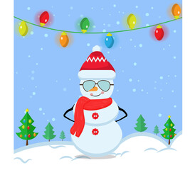 Illustration vector graphic of cartoon cool snowman using santa claus hat, red scarf, glasses. Blue background. Fit for Christmas icons, Christmas stickers, Christmas book covers.