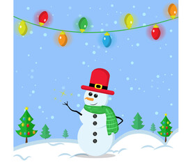 Illustration vector graphic of the cute snowman using santa hat and green scarf want to catch snow. Blue background. Fit for Christmas icons, Christmas stickers, Christmas book covers.
