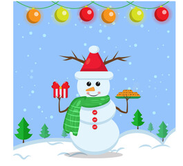 Illustration vector graphic of the cute snowman using santa claus hat and green scarf holding a gifts and biscuits. Blue background. Fit for Christmas icons, Christmas stickers, Christmas book covers.