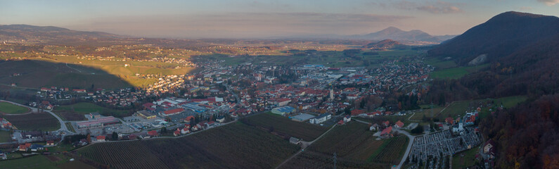 Panorama of the city of Slovenske Konjice, a small city in the styria part of Slovenia, on a dry winter sunny day.