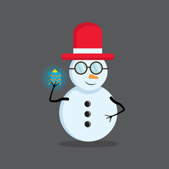 Illustration vector graphic of the cute snowman wearing red hat holding christmas light. Gray background. Fit for Christmas icons, Christmas stickers, Christmas book covers.