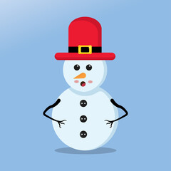 Illustration vector graphic of the happy snowman using santa claus hat. Blue background. Perfect for Christmas icons, Christmas stickers, Christmas book covers.