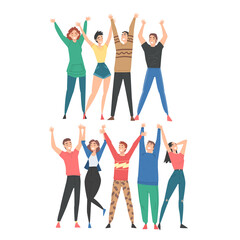 Group of People Characters Standing Together with Raising Hands Vector Illustration Set