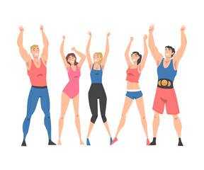 Group of Athletic People Characters in Sportswear Standing Together with Raising Hands Vector Illustration
