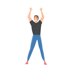 Young Man Standing with Raising Hands Celebrating Success Vector Illustration