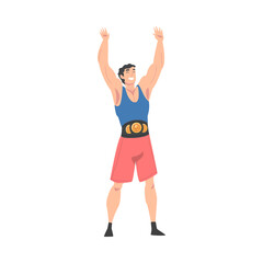 Fototapeta na wymiar Athletic Muscular Man in Sportswear Standing with Raising Hands Vector Illustration