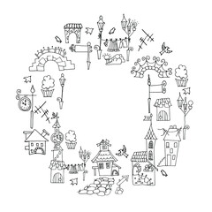 old town hand drawn cliparts on white background in circke shape. Place for own text in the centre. Thematic group isolated sketch for banner, tourism.