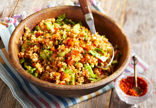 Kisir (bulgur salad with cumin and romaine lettuce, Turkey)
