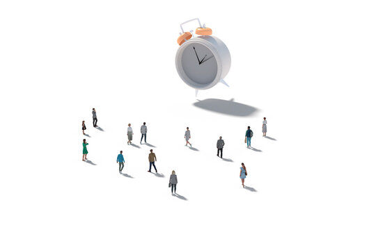 Group Of Architectural Figurines Walking Towards A White Vintage Clock, Suspended, Floating, Studio Shot, Isolated Against White. Time Concept.. 3d Rendering.