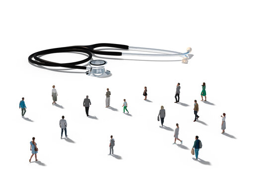 Group Of Architectural Figurines Walking Towards A Medical Stethoscope, Studio Shot, Isolated Against White. Medical Concept. 3d Rendering.