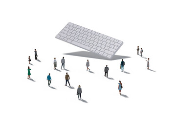 Group Of Architectural Figurines Walking Towards A Computer Keyboard, Suspended, Floating, Isolated Against White. Communication Concept. 3d Rendering.