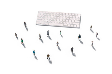 Group Of Architectural Figurines Walking Towards A Computer Keyboard, Flat Lay Variation, Isolated Against White. Communication Concept. 3d Rendering.