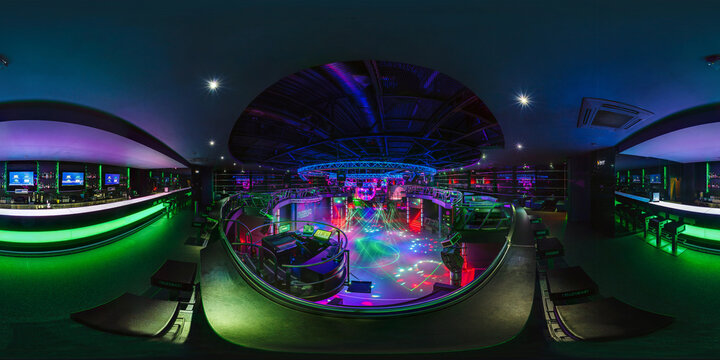 GRODNO, BELARUS - MAY, 2013: Full seamless hdri 360 panorama in stylish nightclub with neon spotlights in equirectangular spherical projection VR content