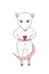 a white mouse holds a heart in his hands. isolated on a white background. Cute rat in love, makes a marriage proposal, for Valentine's Day.