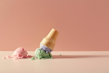 Ice Cream and Wafer Cup Cone melted on table