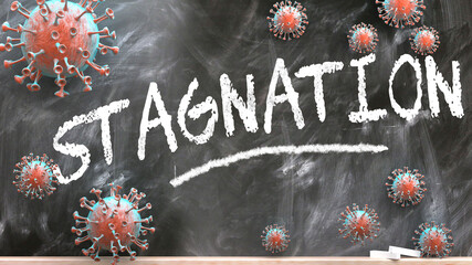 Stagnation and covid virus - pandemic turmoil and Stagnation pictured as corona viruses attacking a school blackboard with a written word Stagnation, 3d illustration