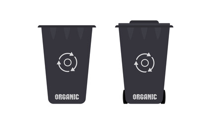 Black trash can in a flat style. Waste bin for organics. ECO concept. Vector.