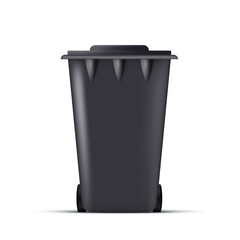 Realistic black trash can. Waste bin with lid and wheels. Eco concept. Vector.