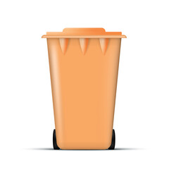 Realistic orange trash can. Waste bin with lid and wheels. Eco concept. Vector.
