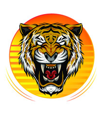 Sunset illustration with angry tiger head log. design template for clothing, t shirt, apparel.