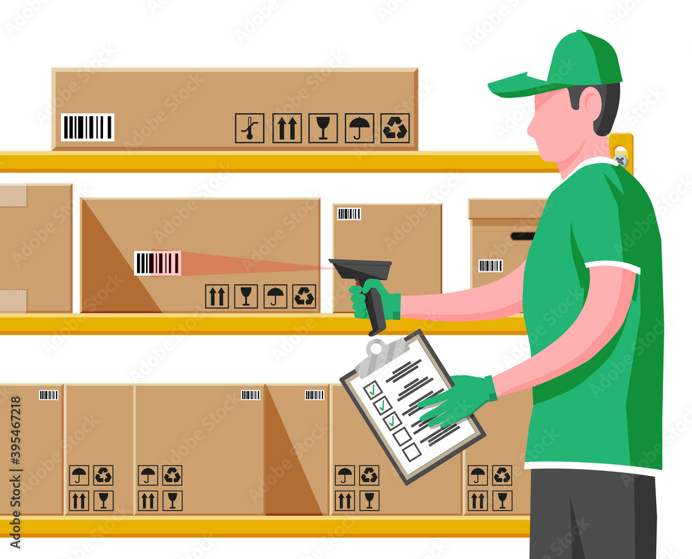 Poster warehouse worker scanning barcode on cardboard box. checking bar code of container with scanner. del