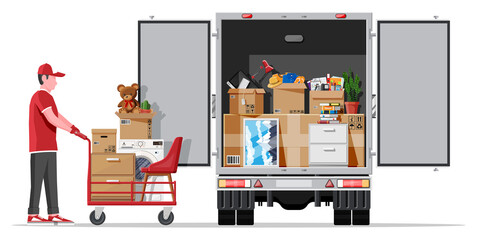 Delivery truck full of home stuff inside. Moving to new house. Family relocated to new home. Boxes with goods. Package transportation. Computer, lamp, clothes, books. Flat vector illustration