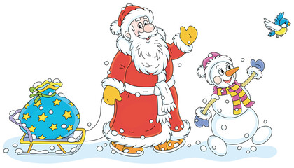 Santa Claus and a funny snowman carrying a big bag of winter holiday gifts on a toy sledge, vector cartoon illustration isolated on a white background