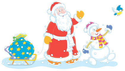 Santa Claus and a funny snowman carrying a big bag of winter holiday gifts on a toy sledge, vector cartoon illustration isolated on a white background