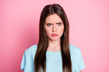 Closeup photo of angry lady bad mood offended wear casual blue t-shirt isolated pink pastel color...