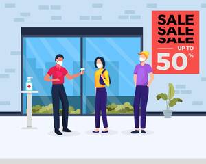 New normal entrance shop. New normal after coronavirus outbreak shopping mall security checking body temperature of customers. Check body temperature before using the thermogun. Vector in a flat style