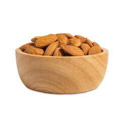 Almond in wooden cup isolated on white background with clipping path.