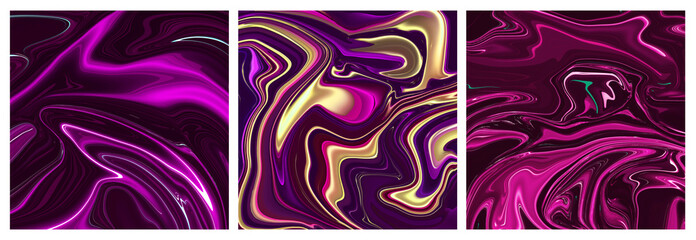 collection of three Vivid liquid digital art background with different colors shades in dynamic composition