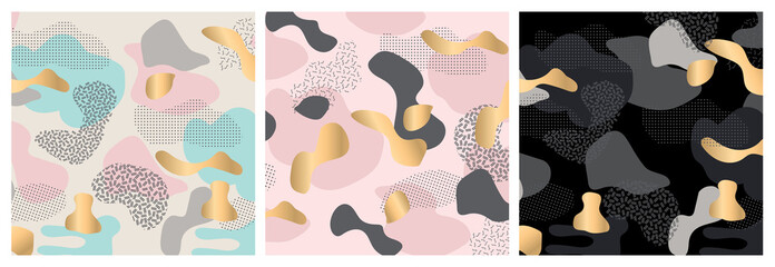 collection of three abstract backgrounds in dynamic composition of shapes with different pastel, black and gold color shades