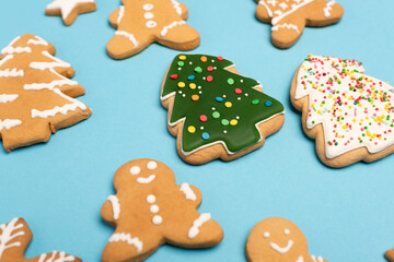 winter gingerbread cookies on blue background, stock image