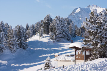 Landscape with chalet house of Zillertal Arena ski resort in Tyrol in Mayrhofen in Austria in winter Alps. Penken ski area.