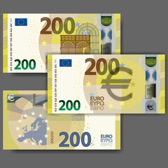 Set of new paper money in the style of the European Union. Yellow 200 euro banknote with retro window and bridge. EPS10 - obrazy, fototapety, plakaty